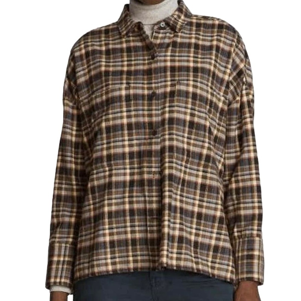 NWT Everlane Womens Brown Multi Plaid Button Down The Boxy Flannel Shirt Size XS